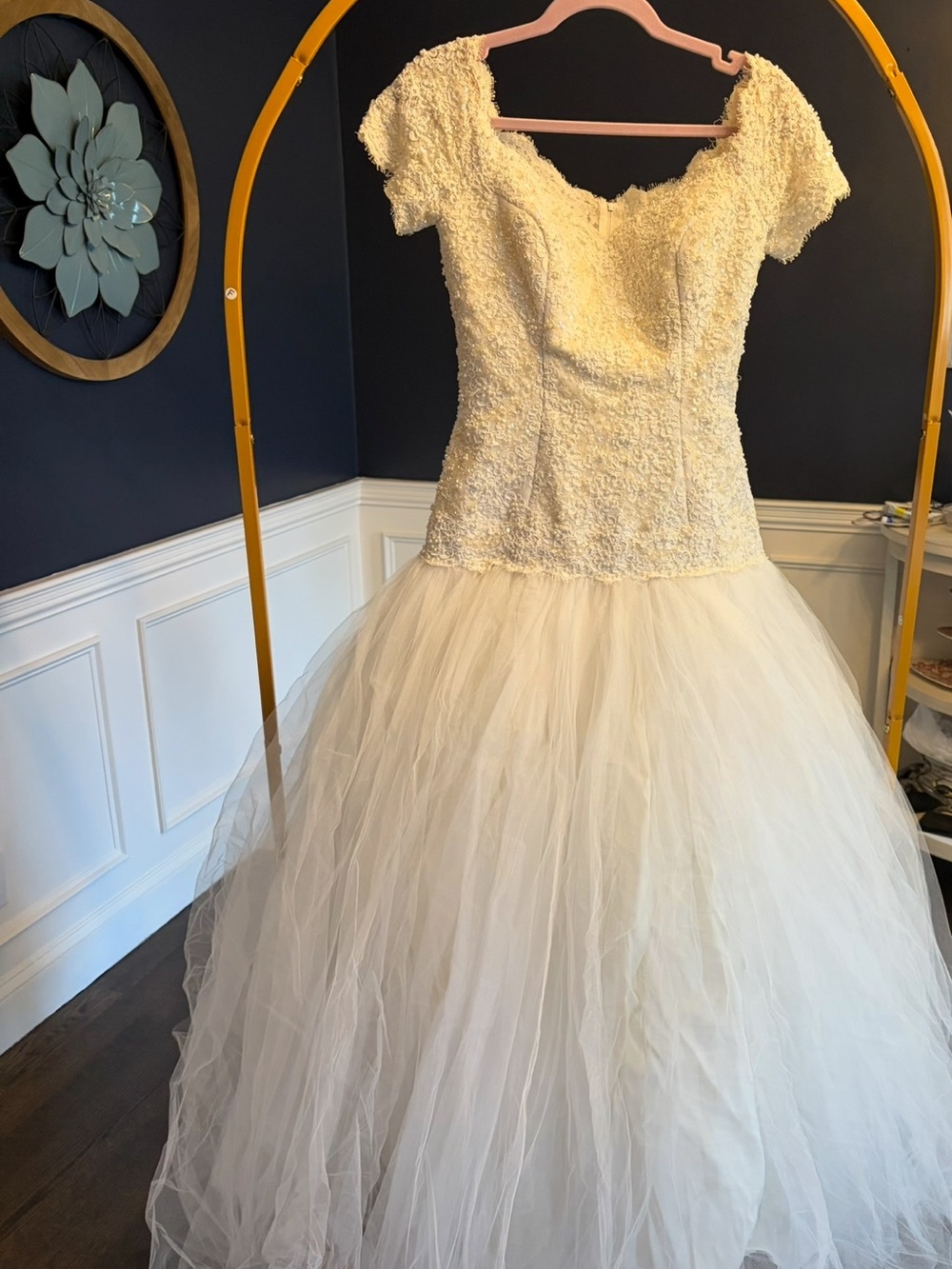 Priscilla of Boston Ivory Beaded Tulle Ball Gown Wedding Dress VINTAGE GOLD TAG